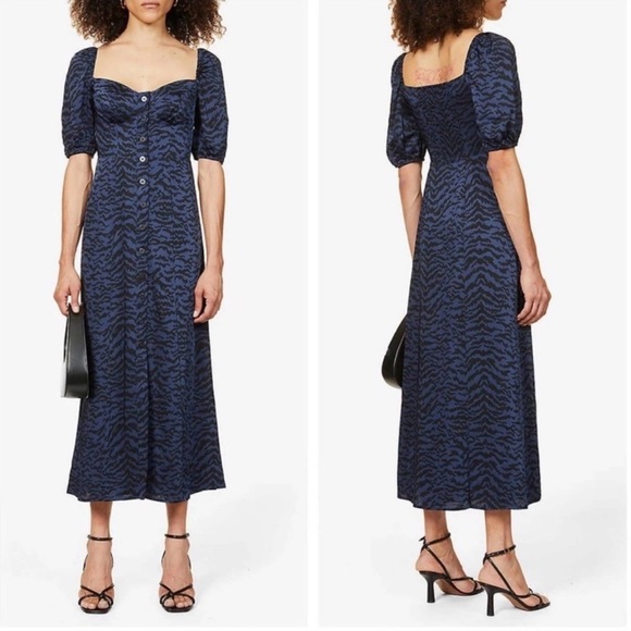 Good American Dresses & Skirts - Good American Blue Animal Zebra Corset Puff Sleeve Satin Maxi Dress NEW